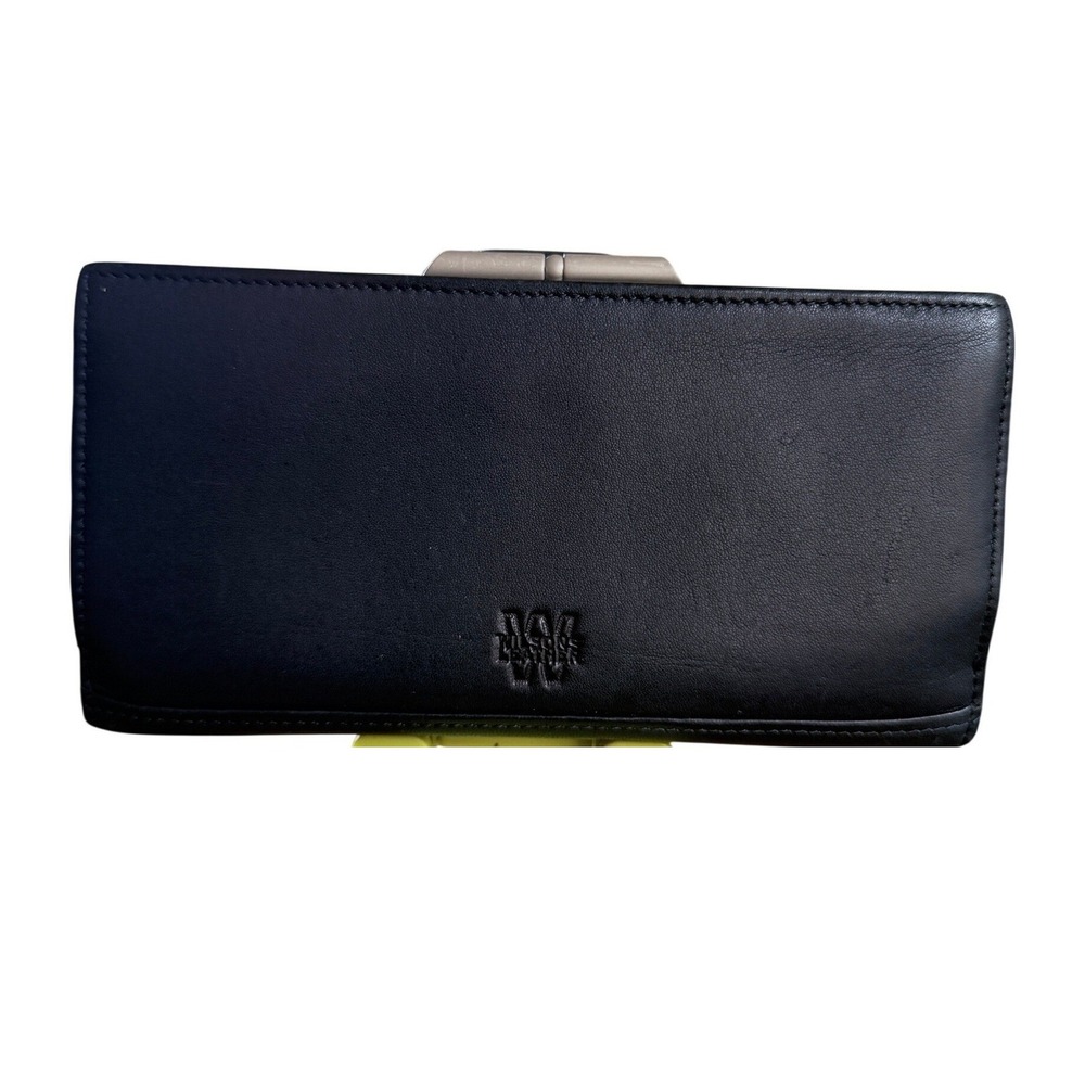 Wilsons Leather Organizer Clutch Wallet Black Silver Frame Snap Closure